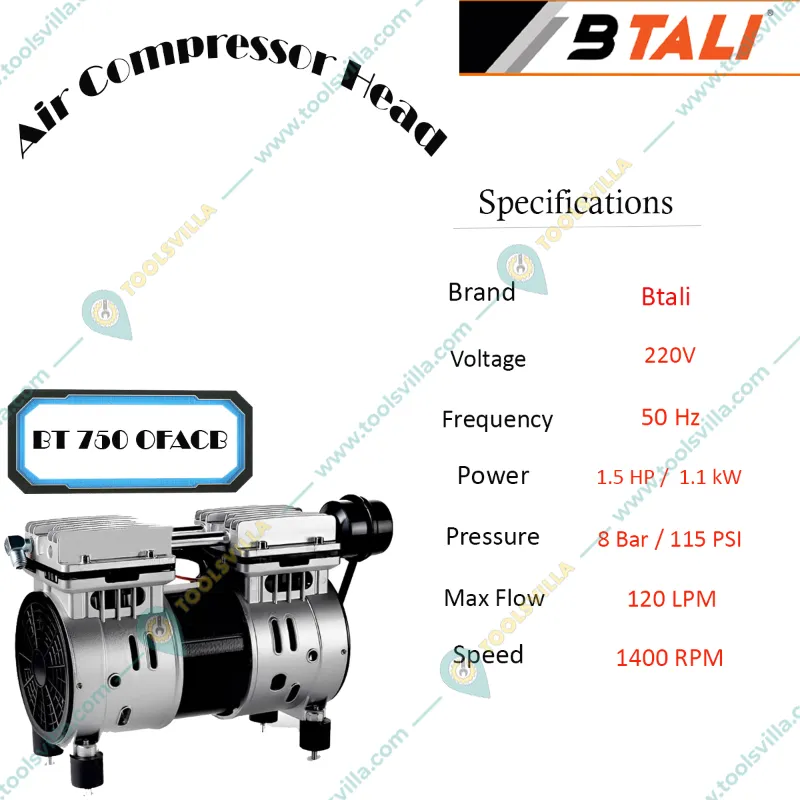 BTALI  1.5 HP/1.1 KW Oil Free Air Compressor Head (BT 750 OFACB)