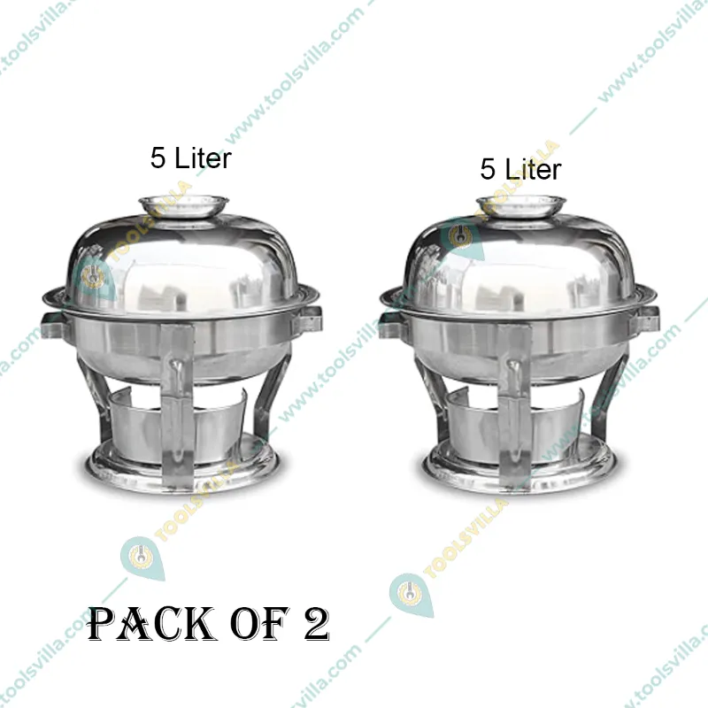 Premium Quality Stainless Steel (Silver) Round Buffet Chafing Dish with Lid, 5 Liter Capacity (Pack of 2)