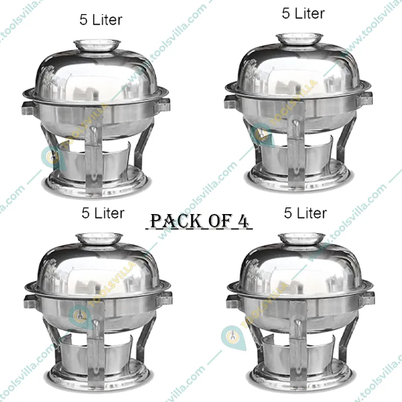 Premium Quality Stainless Steel (Silver) Round Buffet Chafing Dish with Lid, 5 Liter Capacity (Pack of 4)