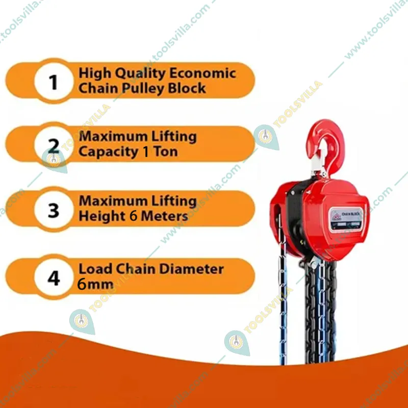 Hoipro 1 Ton Alloy Steel Chain Pulley Block With 6 Meter x 6 mm Dia Load Chain-6 Meter Standard Lift (Single Fall)