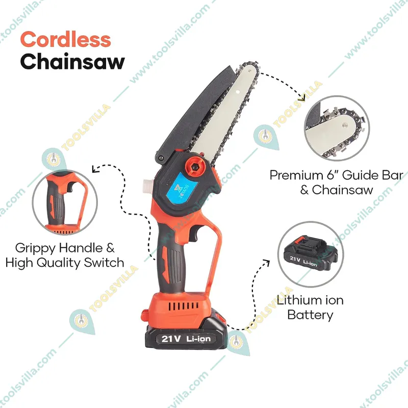 Mini Cordless Chainsaw Dual Battery (21V x 2) With 6 inch Guide Bar | Comes with Free Accessories