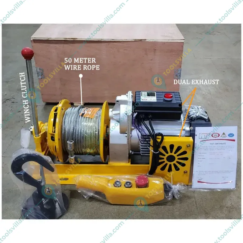 HT 500-1000 KG Capacity 3 Hp Electric Clutch Winch With 50 Meter Wire Rope & 160 kg Load Capacity Wheel Barrow With Chain