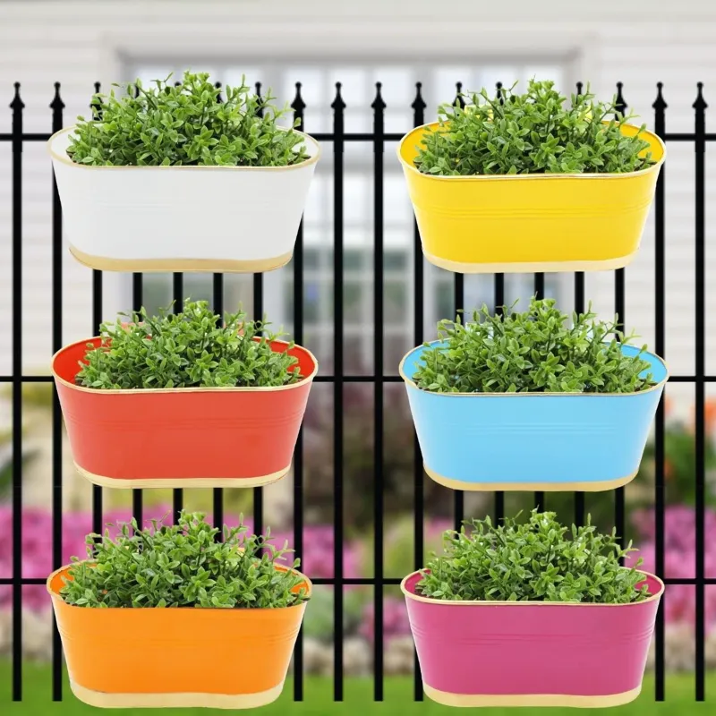 Ecofynd 12 inches Oval Railing Planters | Hanging Pots for Balcony-Pack of 6 (EC18022-106-M06)