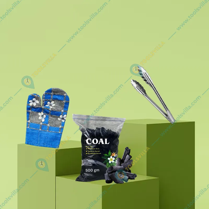 Combo of Glove, Tong and 500gm of Coal for Barbeque and Grills