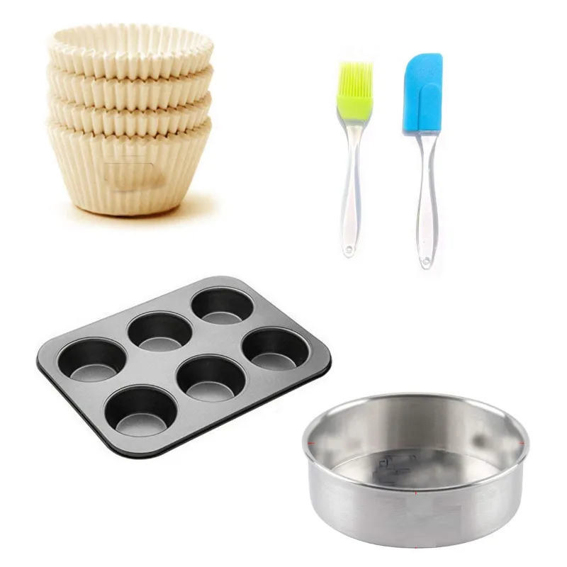 Prime Bakers and Moulders Combo of 100 Pcs Paper Cups, Cake Baking Pan, Muffin Tray, Spatula and Brush  