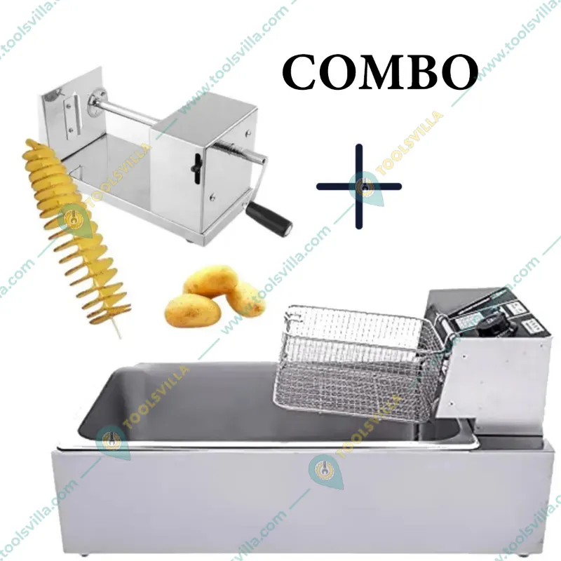 Combo of Commercial 18Litre SS Body Electric Deep Fryer 3KW and Premium Quality Hand Operated Potato Twister, SS Body