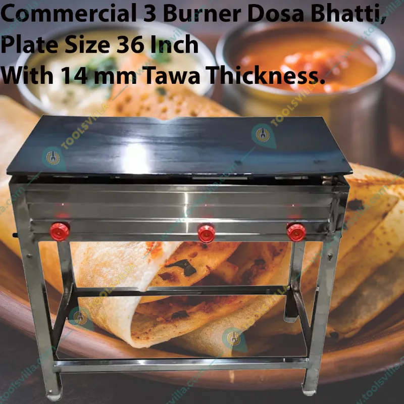  Commercial 3 Burner Dosa Bhatti, Plate Size 36 Inch With 14 mm Tawa Thickness