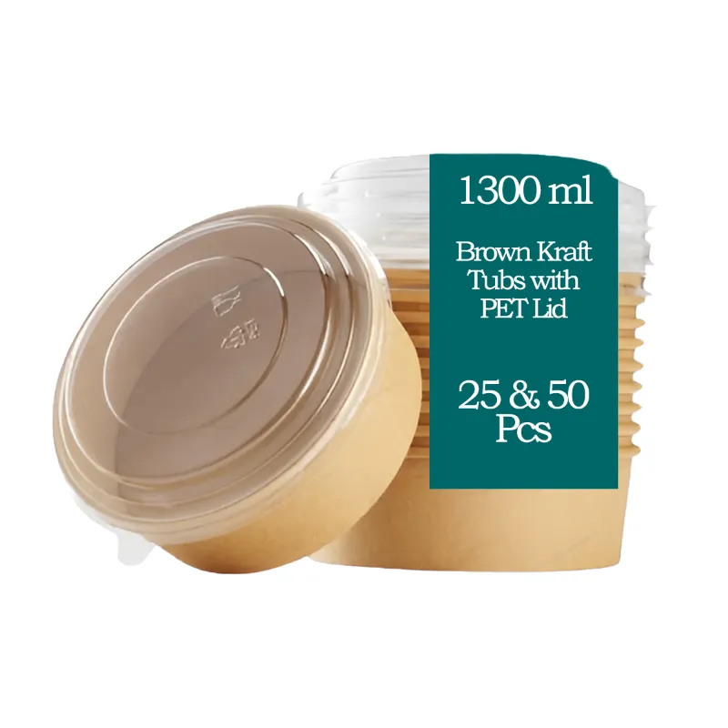1300ml Brown Kraft Paper Tubs with Transparent PET Lid(Pack-25 pcs)