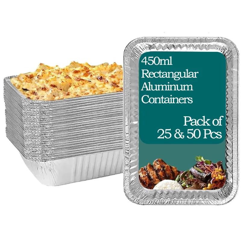 450ml Aluminum Rectangular Disposable Container with White Paper Lid for Safe and Secured Food Packaging(Pack-25 pcs)