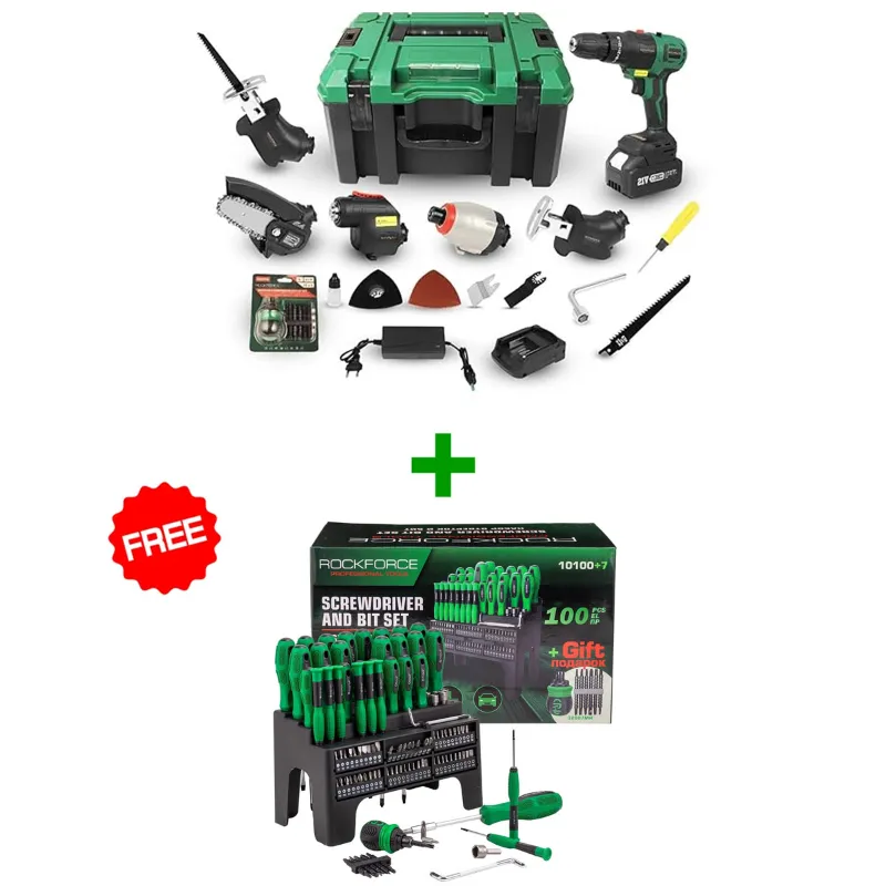 ROCKFORCE 8-In-1 Cordless Tool Set (RF-JCB-18MT-B) + FREE 100+7 Piece Screwdriver & Bit Set In Case (RF-10100)