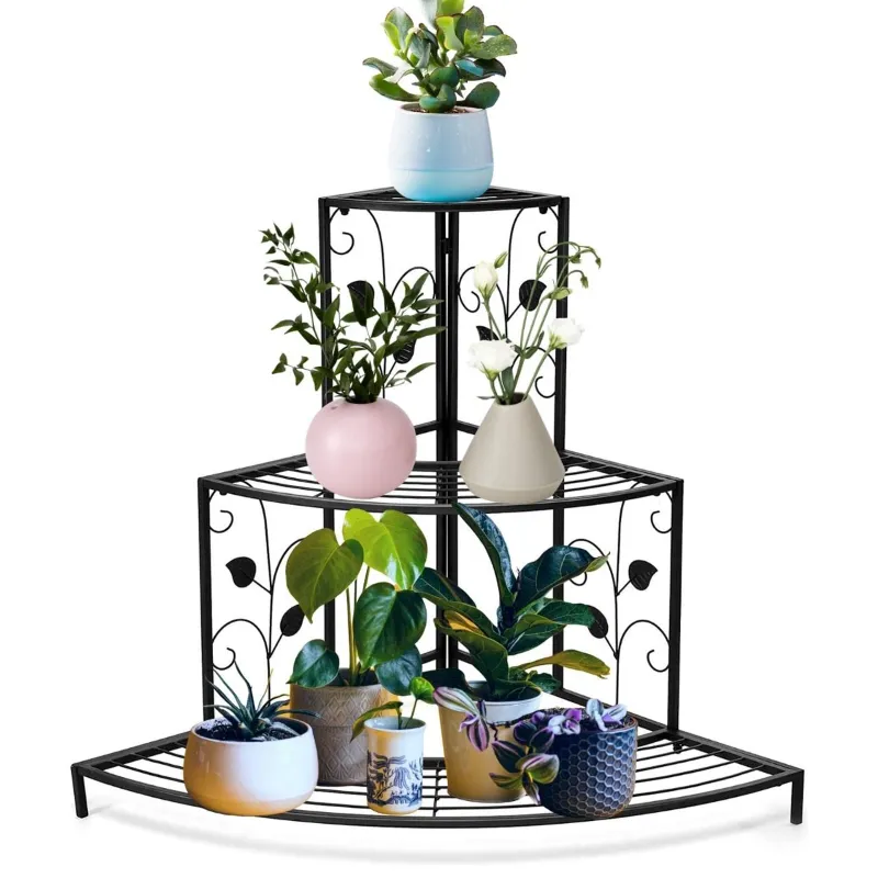 Ecofynd Zen Corner Plant Stands for Balcony, Living Room- 3 Tier Home Decor Item(Black)