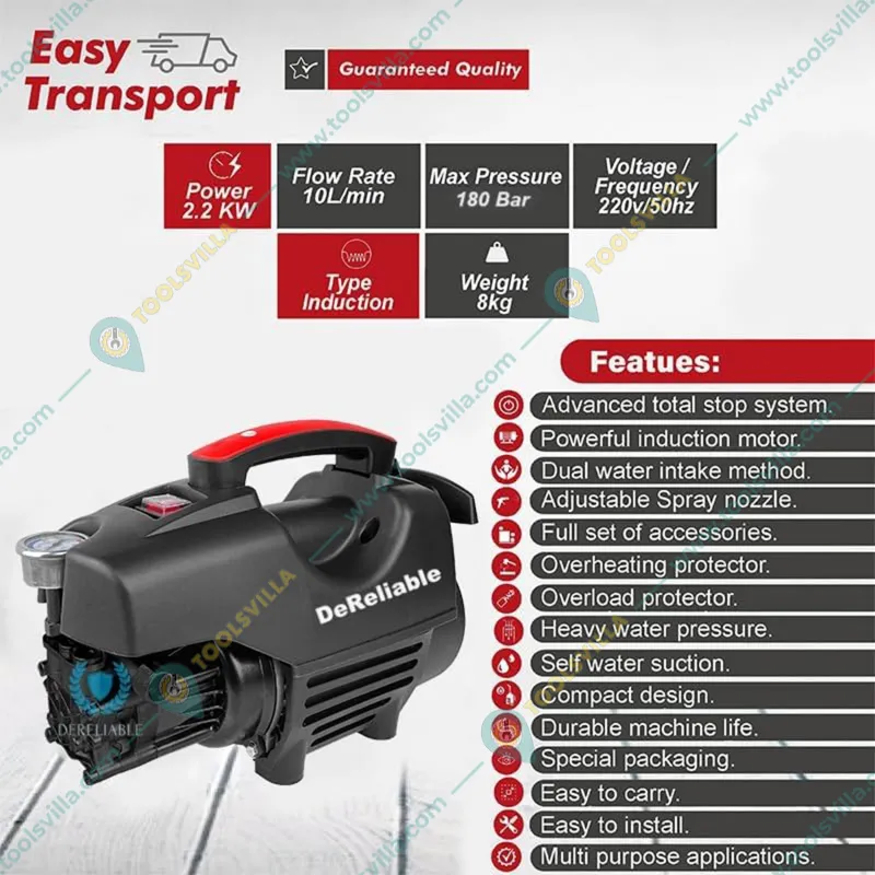 Premium Quality 2200 W 180 Bar High Pressure Car Washer With 10 Meters Hose Pipe and Other Accessories