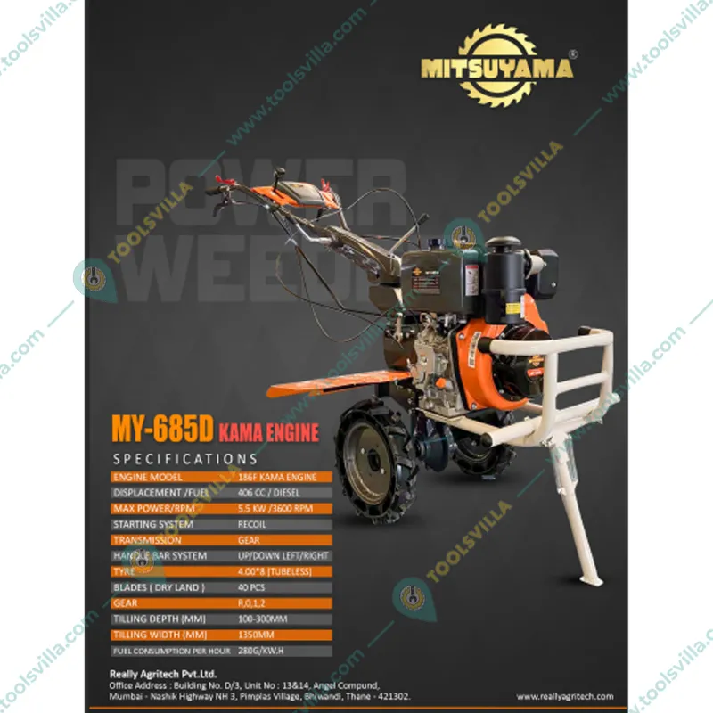 Mitsuyama 685D, 10 HP Diesel Power Tiler With 406 cc KAMA Engine, for Agriculture for Garden & Agriculture, Weeding in All Types of Crops & Gardens