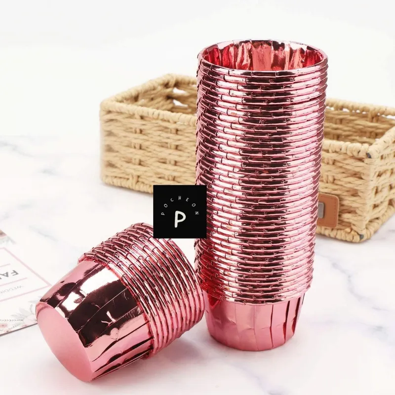 Pack of 100 POCHEON® Rose Pink Little Cupcake Disposable Aluminium Foil Muffin Liners Baking Cups, Petite Tip Pan (Size-Small 60 ML)