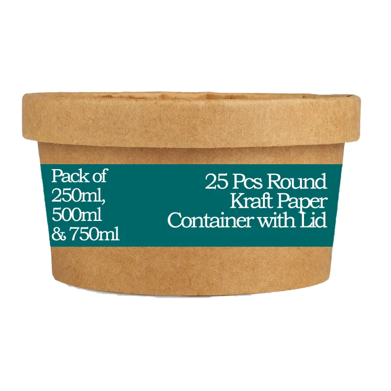POCHEON® 25 pcs Round Brown Disposable Paper Containers with Lid(Size-250 ml)