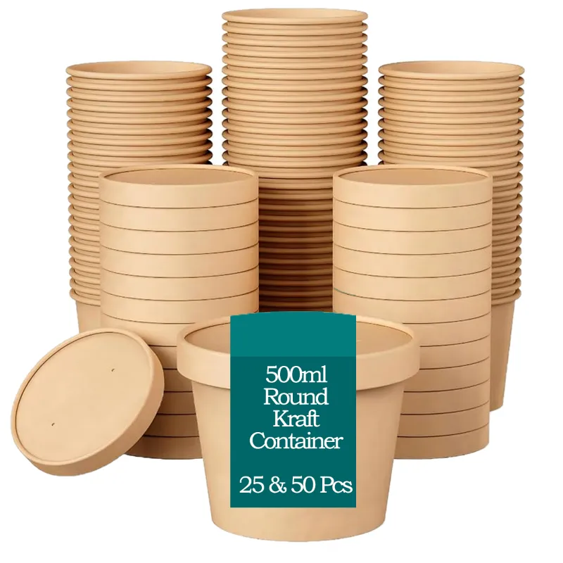 500ml, 330 GSM Round Food Containers with Lids of Brown Kraft Paper for Meal, Takeout and Delivery(Pack-25 pcs)