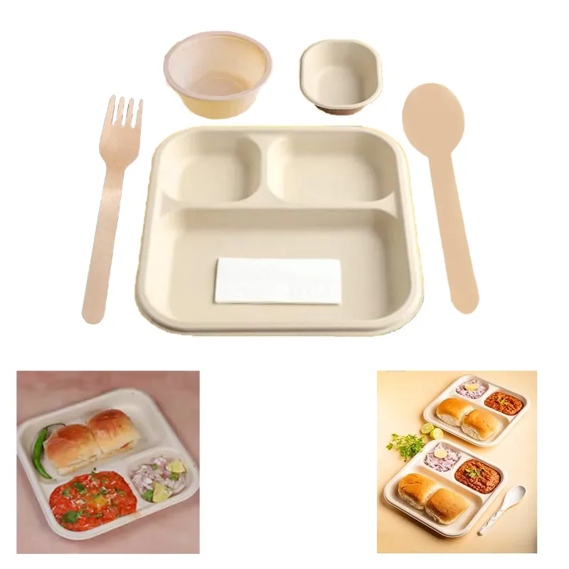 POCHEON 25Pcs of 3 Compartment Rectangular Plate, 180 & 250ml Bowls, Spoons, Forks and Napkin