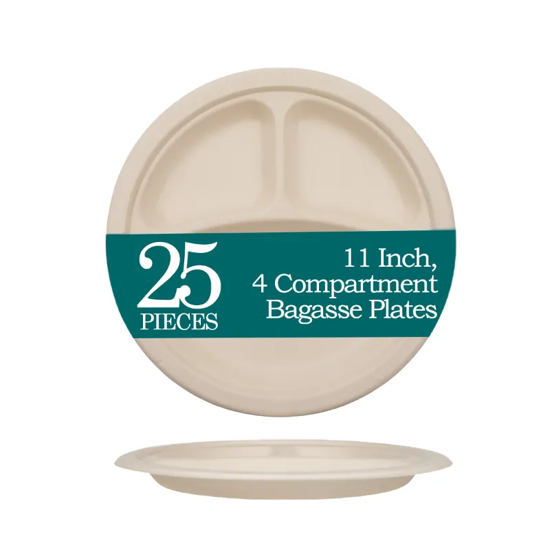 POCHEON 25 Pcs 11 Inch, 4 Compartment Disposable Bagasse Plates for Food Serving