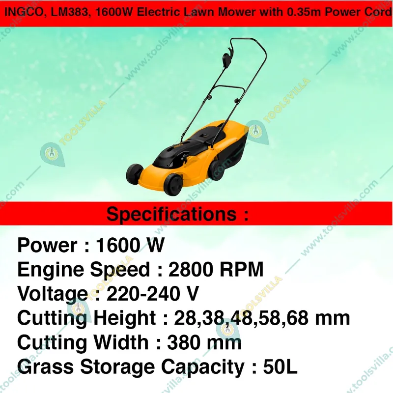 1600W Electric Lawn Mower with 0.35m Power Cord