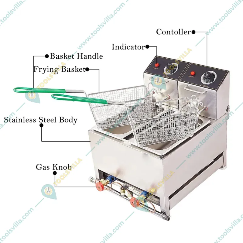 Commercial Stainless Steel 5+5L Electric & Gas Operated Double Pan Deep Fryer, 3000W