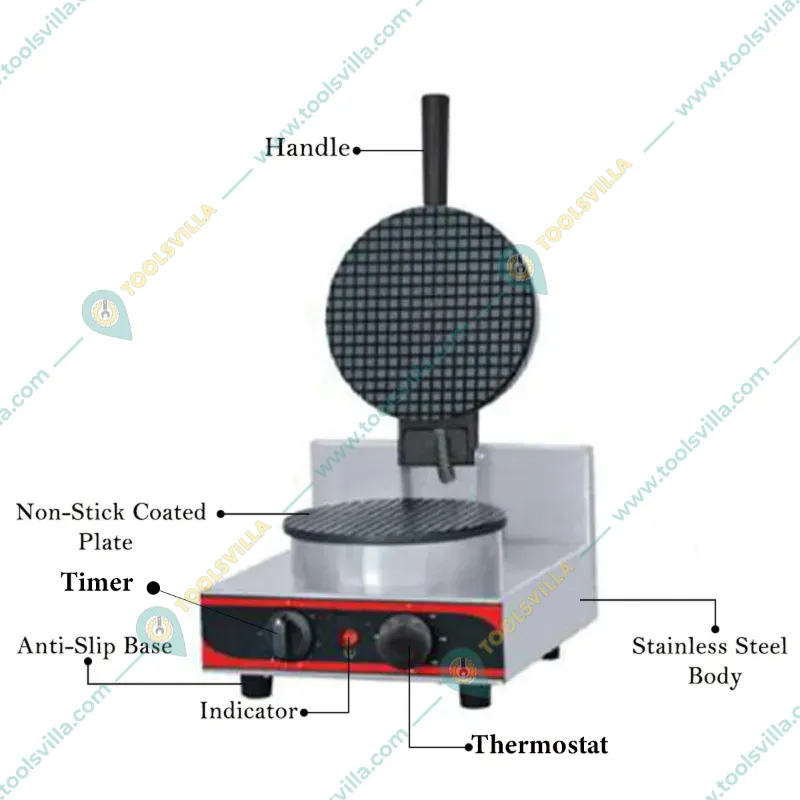 Akasa WCM 7 Waffle Cone Machine 7 inch Circular, 1000W with Free Wooden Cone