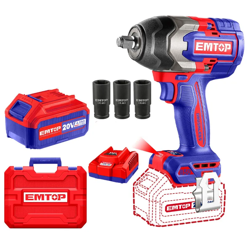 Emtop 1/2" 20V Cordless Impact Wrench With Battery, Charger & Socket Set, 2400 RPM (ECIWL2085)	