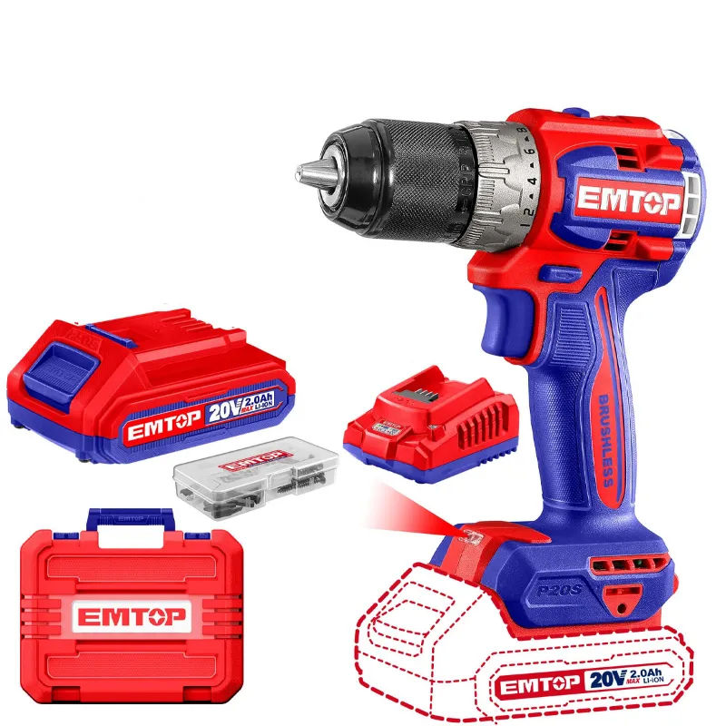 Emtop 13mm 20V Powerful Cordless Drill With Battery, Charger & Accessories, 0-550/0-2000 RPM (ECDL20602)
