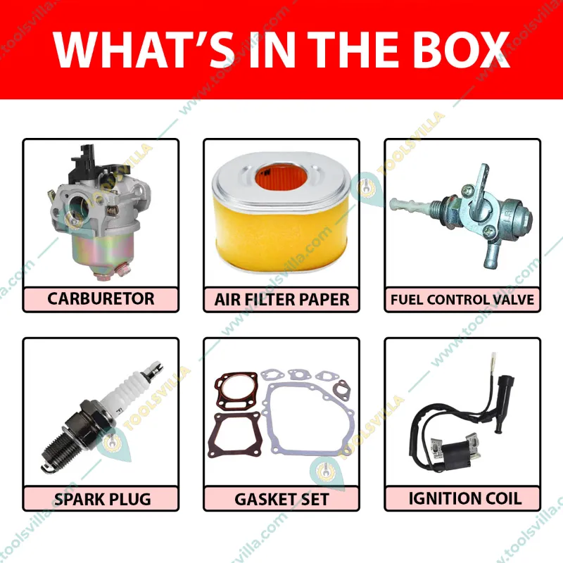 168F/170F Engine Parts Combo (Carburetor, Air Filter Paper, Spark Plug, Gasket, Fuel Control Valve, Ignition Coil)