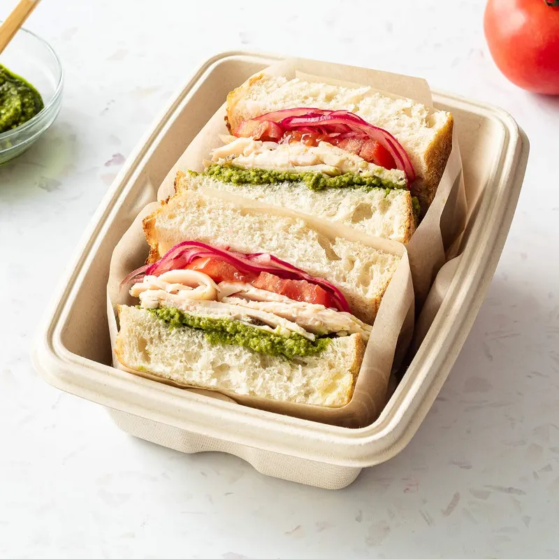 750ml Bagasse Rectangular Zume Container With Lid, 100% Anti-Leak Technology for Food Delivery, Take Away Meals