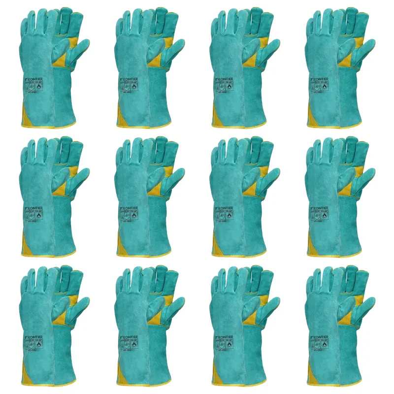 Karam Frontier Pack of 12 Split Leather, 16" Gauntlet Cuff, Heat Resistant, Green & Yellow Safety Gloves