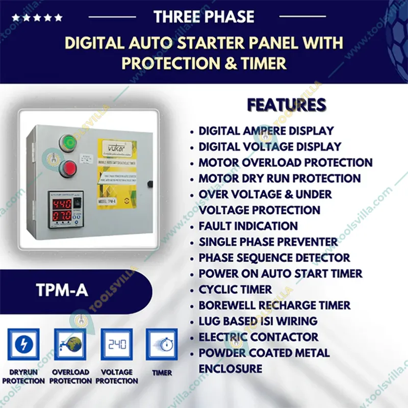 Vukar 10Hp 3Ph Fully Automatic Digital DOL Starter Panel with Auto Switch, Timer, Motor Safety (TPM-A)-3 Months Warranty