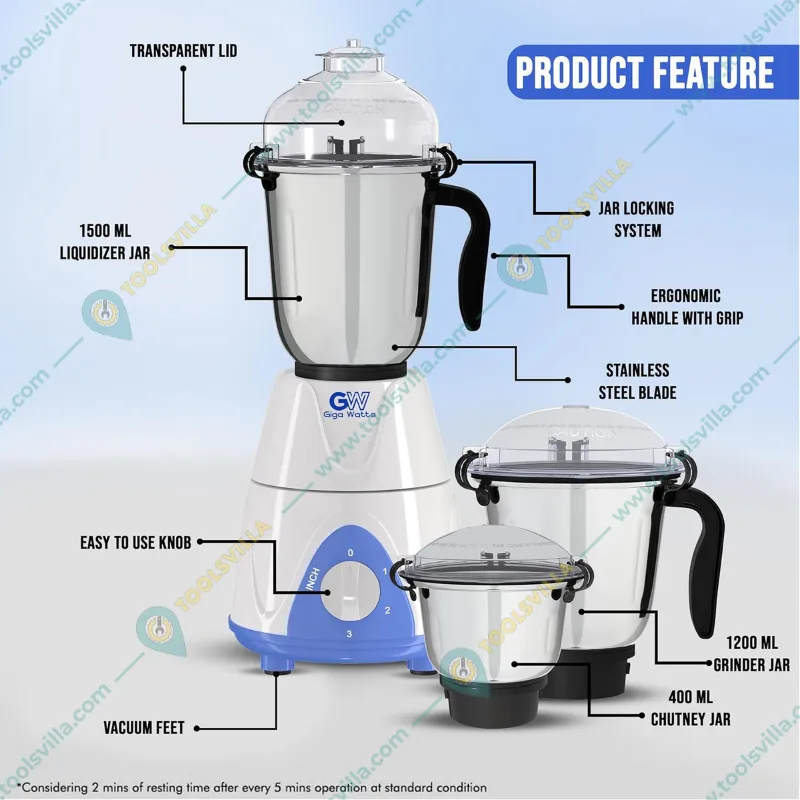 GIGAWATTS 1000W All-in-One Electric Mixy Blender, Three Stainless Steel Clip Jars with 3 Speed Control(1 Year Warranty)