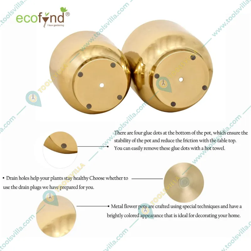 Ecofynd 2 Pcs Eva Golden Metal Plant Pots with Drainage Hole for Interior Decoration, Home Garden Decor Planter