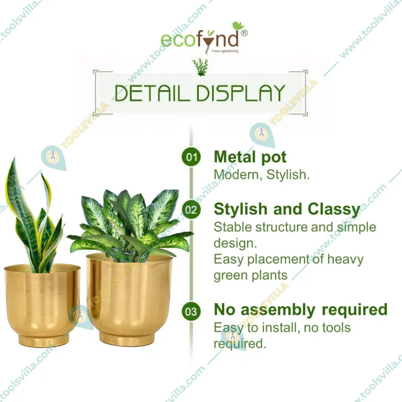 Ecofynd 2 Pcs Eva Golden Metal Plant Pots with Drainage Hole for Interior Decoration, Home Garden Decor Planter