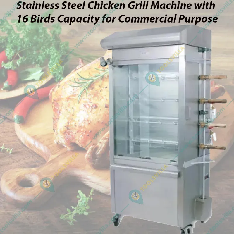 Stainless Steel Chicken Grill Machine with 16 Birds Capacity for Commercial Purpose