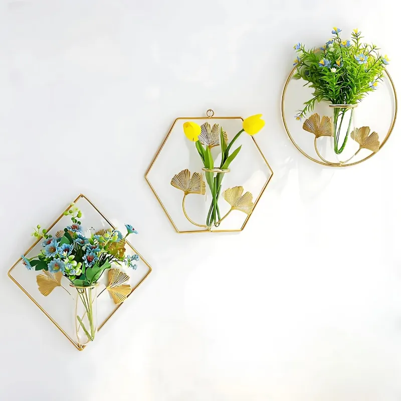 Ecofynd Wall Decor Hanging Flower Vase, Metal Holders for Plants - Pack of 3 (HVASE004-GO-103)