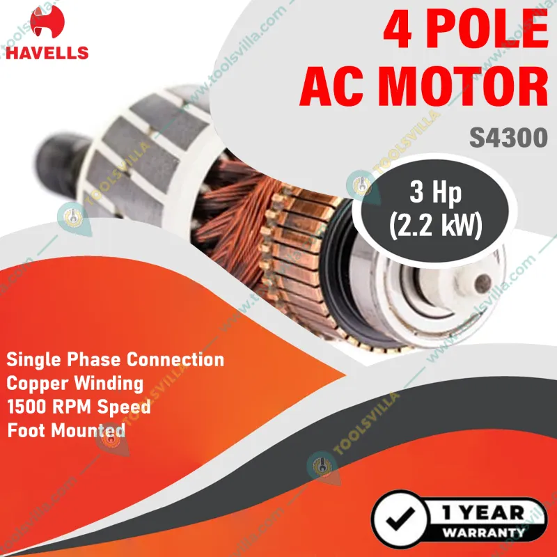 Havells(S4300) 3 HP Single Phase 4 Pole Ac Motor, 1500 RPM, Foot Mounted With 1 Year Warranty