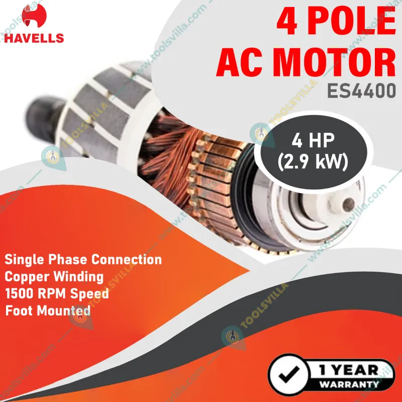 Havells(ES4400) 4 HP Single Phase 4 Pole Foot Mounted AC Motor, 1500 RPM, 1 Year Warranty 