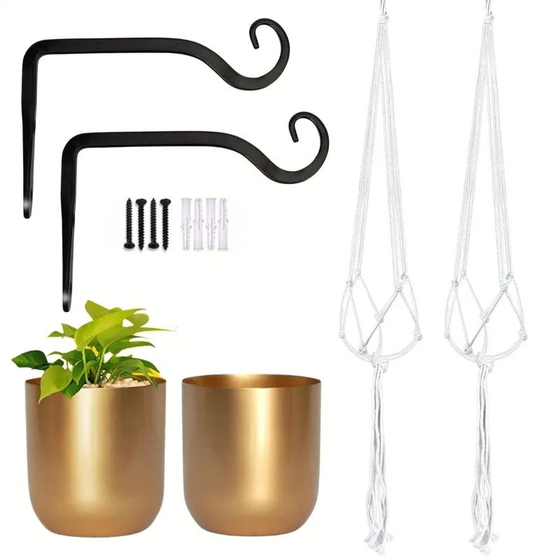 Ecofynd Combo of 2 Round Metal Planter, 2 Wall Hook Plant Bracket, 2 Cotton Boho Pot Hanging(COM009)