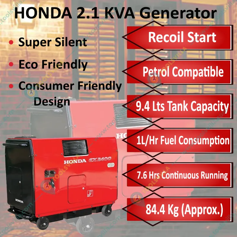 Honda Silent Series Portable Generator, 2.1KVA With Recoil Start (EX2400)
