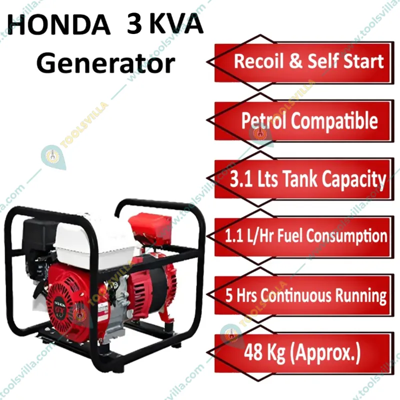 Honda 3 KVA Petrol Run Portable Generator - 5 Hours Continuous Running With 1 Year Warranty (HA 3000)