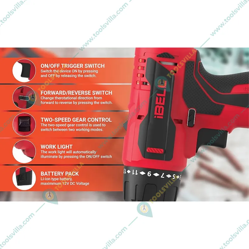 iBELL 10mm 12V Cordless Driver Drill With Battery, Charger & Accessories, 450 - 1450 RPM (IBL CD12-74)