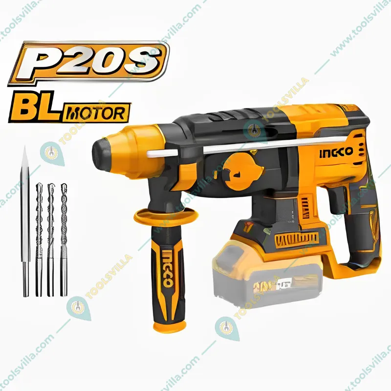 INGCO 26mm 20 V Lithium-Ion Cordless Rotary Hammer With Drill Bits & Chisel, 1100 RPM (CRHLI20228)