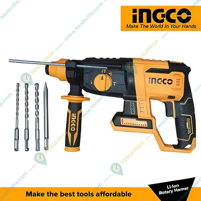 INGCO 26mm 20 V Lithium-Ion Cordless Rotary Hammer With Drill Bits & Chisel, 1100 RPM (CRHLI20228)