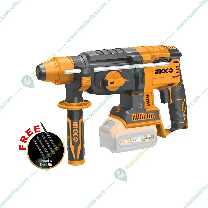 INGCO 26mm 20 V Lithium-Ion Cordless Rotary Hammer With Drill Bits & Chisel, 1100 RPM (CRHLI20228)