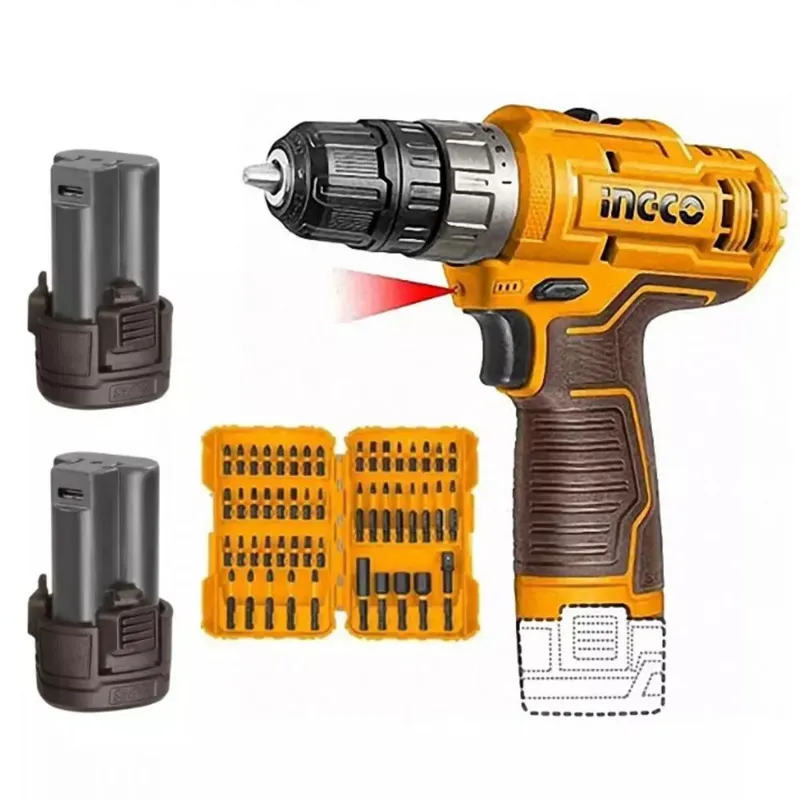 Ingco 10 mm 12V Cordless Drill With Battery & 50 Pcs Impact Screwdriver Bits Set, 1500 RPM (COSLI24011)
