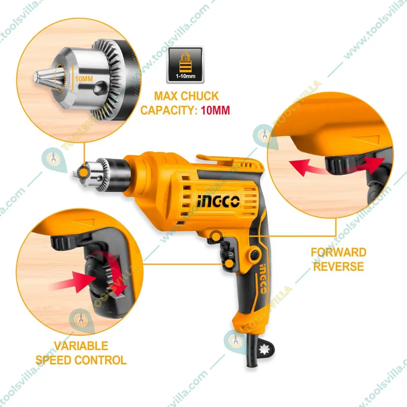 Ingco 10mm 550 Watt With Variable Speed & F/R Function Electric Drill, 0-3300 RPM (ED55038)