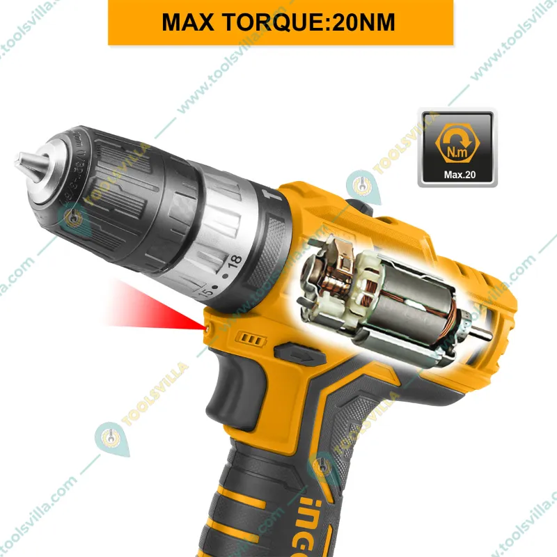 INGCO 12V 10 mm Lithium-Ion Cordless Impact Drill with Accessories, 1500 RPM (CIDLI12201)