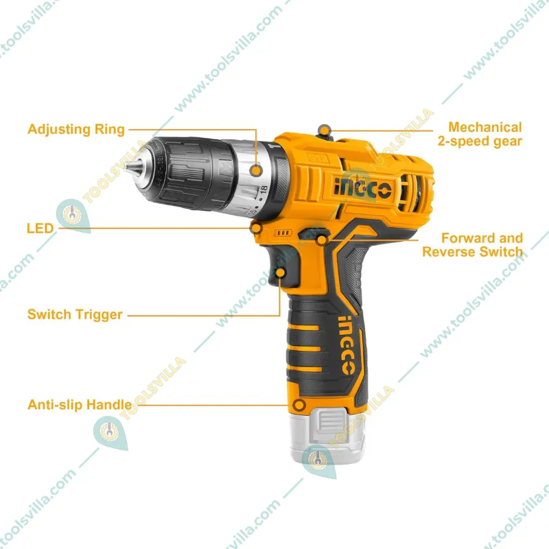 INGCO 12V 10 mm Lithium-Ion Cordless Impact Drill with Accessories, 1500 RPM (CIDLI12201)