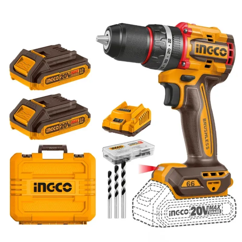 Ingco 13 mm 20V Metal Chuck Cordless Drill With Battery, Charger & Accessories, 2000 RPM (CDLI20668)